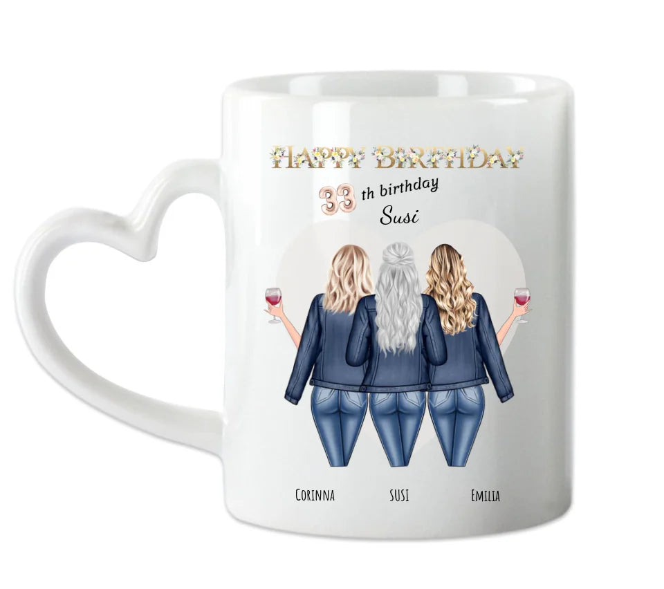 Geschenk Personalisierte Tasse zum 33. Geburtstag Geschenk für Freundin / Frau - 3 Freundinnen mit Name