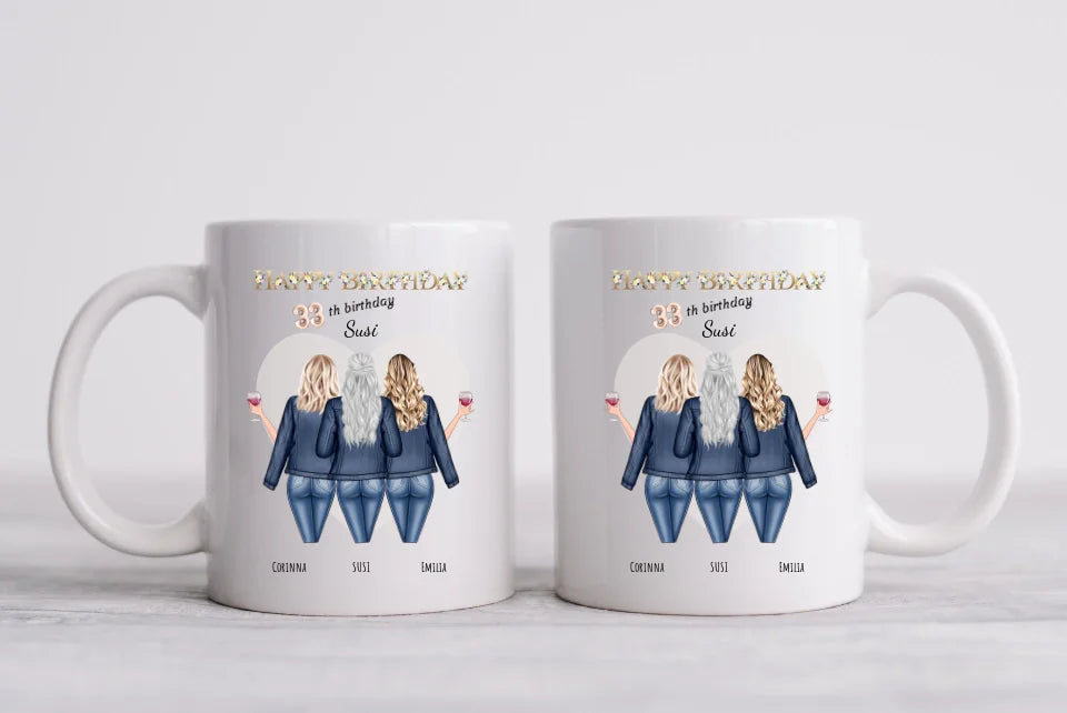 Geschenk Personalisierte Tasse zum 33. Geburtstag Geschenk für Freundin / Frau - 3 Freundinnen mit Name