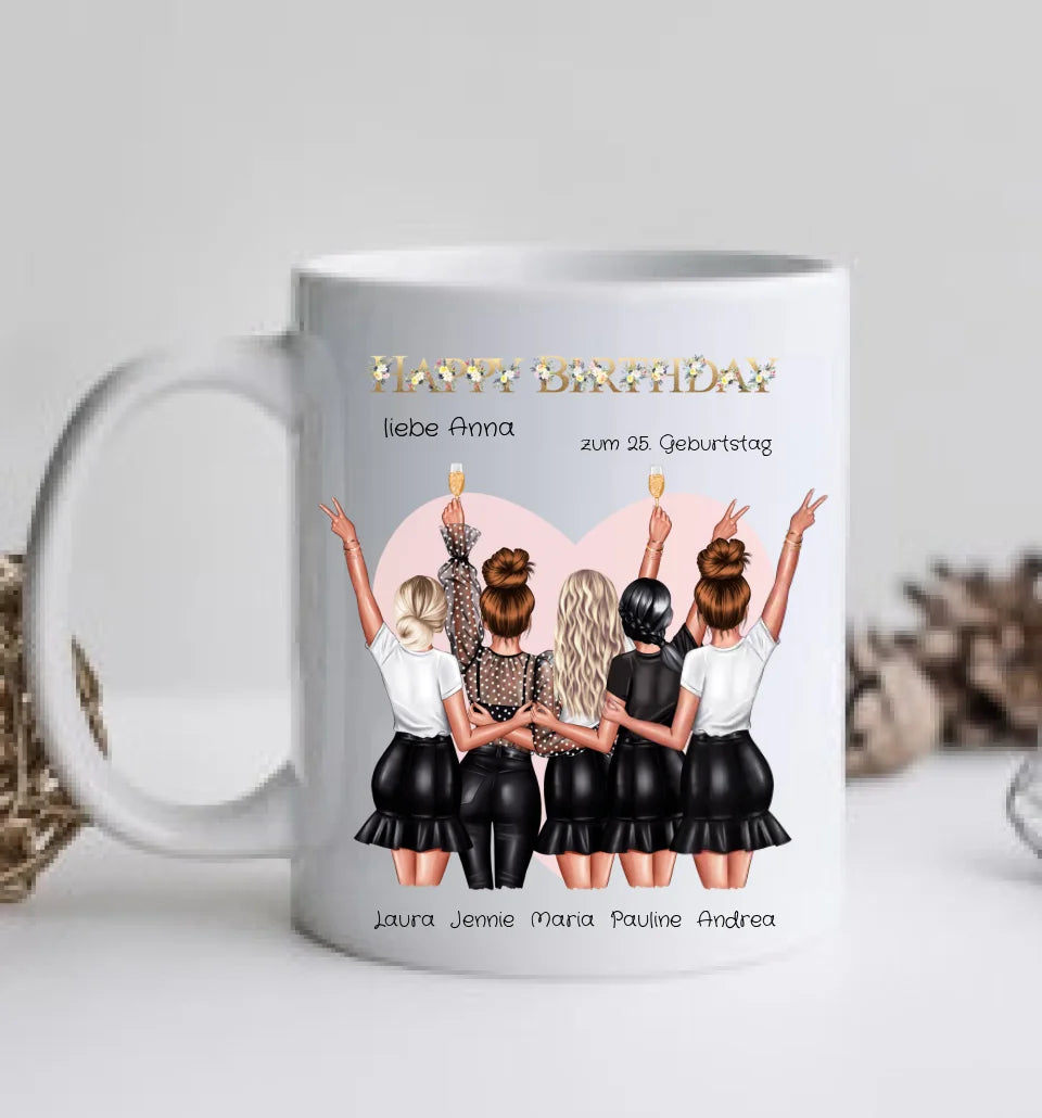 25. Geburtstag Geschenk Frau - Geschenk für Freundin / 5 Freundinnen Tasse personalisiert - Becher für Mädchen mit Name & Geburtstagsdatum