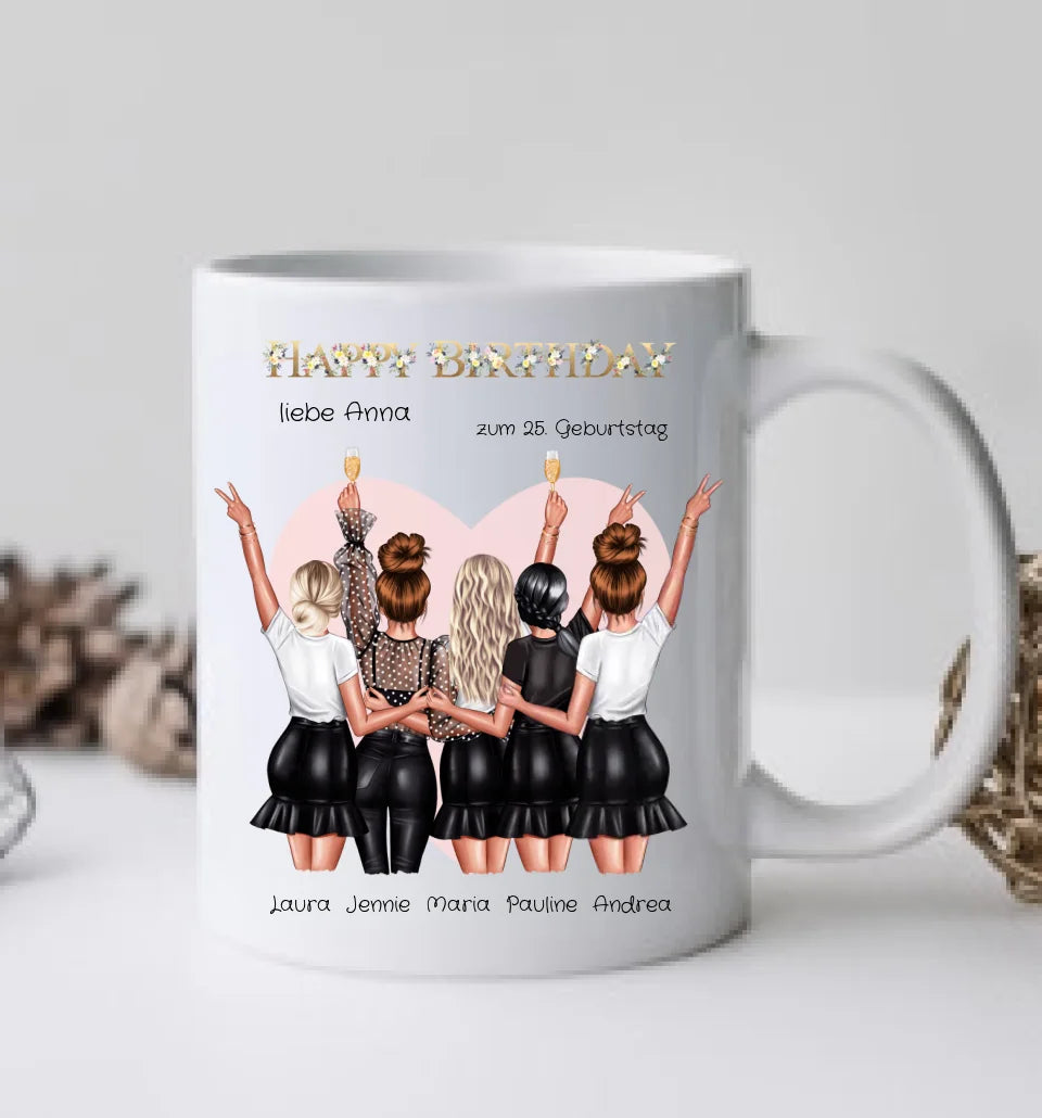 25. Geburtstag Geschenk Frau - Geschenk für Freundin / 5 Freundinnen Tasse personalisiert - Becher für Mädchen mit Name & Geburtstagsdatum