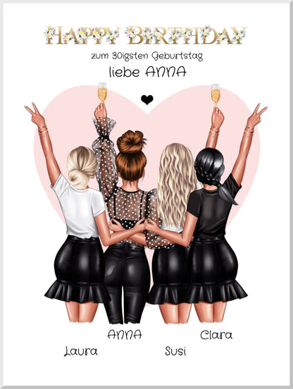 Geschenk Freundin Geburtstag Bild Poster personalisiert | 4 Freundinnen Bild Geschenk | Glückwunsch Geschenk beste Freundin