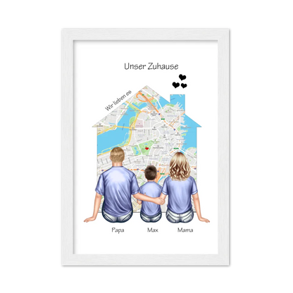 Unser Zuhause Familienbild Eltern mit 1 Kind Poster als Einzugsgeschenk in Wohnung, Haus