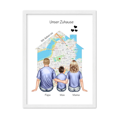 Unser Zuhause Familienbild Eltern mit 1 Kind Poster als Einzugsgeschenk in Wohnung, Haus