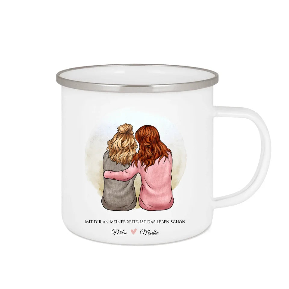 2 beste Freundinnen Geburtstagsgeschenk - Emaille Tasse Emaillebecher mit Namen personalisiert- Friends Weihnachtsgeschenk