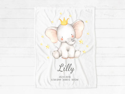 Personalisiertes Babygeschenk - Elefant Geburtsgeschenk Geburtsanzeige Decke - Babydecke Geschenk Geburt - Taufgeschenk