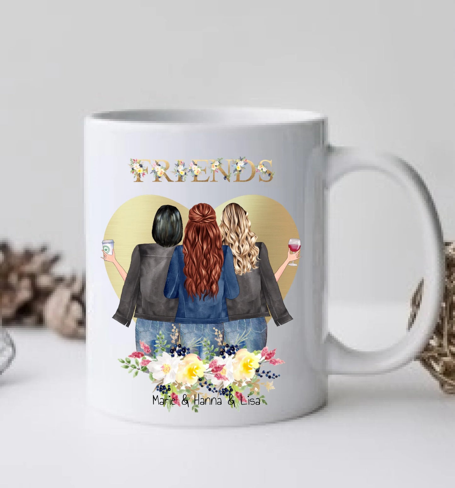 Personalisiertes Geschenk Tasse 3 Beste Freundinnen, Kaffeebecher, Geschenkidee Freundin, Weihnachtsgeschenk Schwester