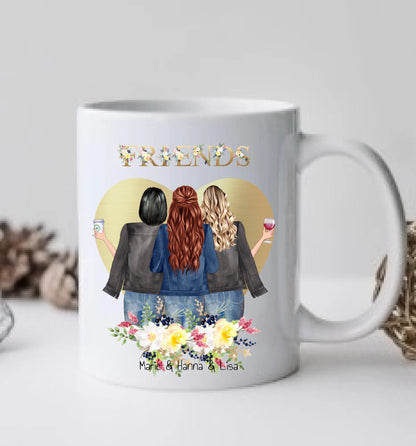 Personalisiertes Geschenk Tasse 3 Beste Freundinnen, Kaffeebecher, Geschenkidee Freundin, Weihnachtsgeschenk Schwester