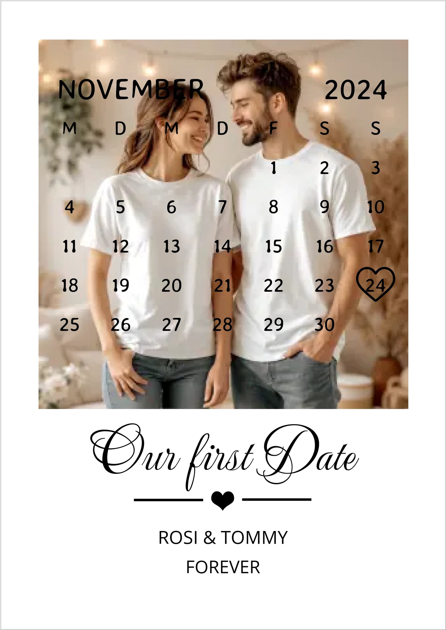 "OUR FIRST DATE" Kalender Fotoposter für Paare | Personalisiertes Geschenk Valentinstag | Hochzeitstag | Jahrestag