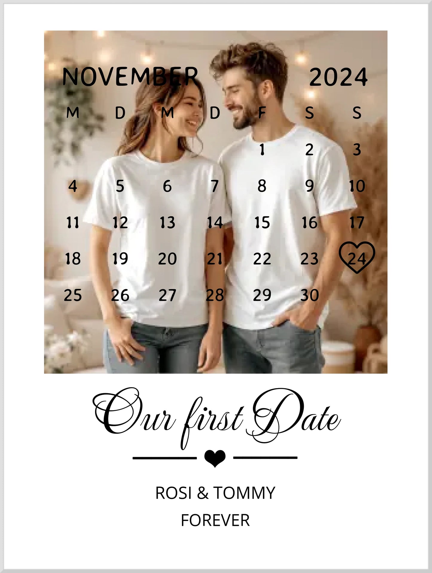 "OUR FIRST DATE" Kalender Fotoposter für Paare | Personalisiertes Geschenk Valentinstag | Hochzeitstag | Jahrestag