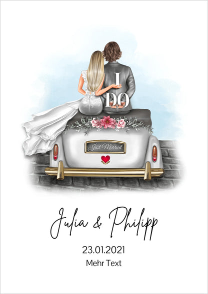 Hochzeitspaar im Hochzeitsauto | Personalisiertes Poster Hochzeitsgeschenk | Geschenk Wedding Car Hochzeit