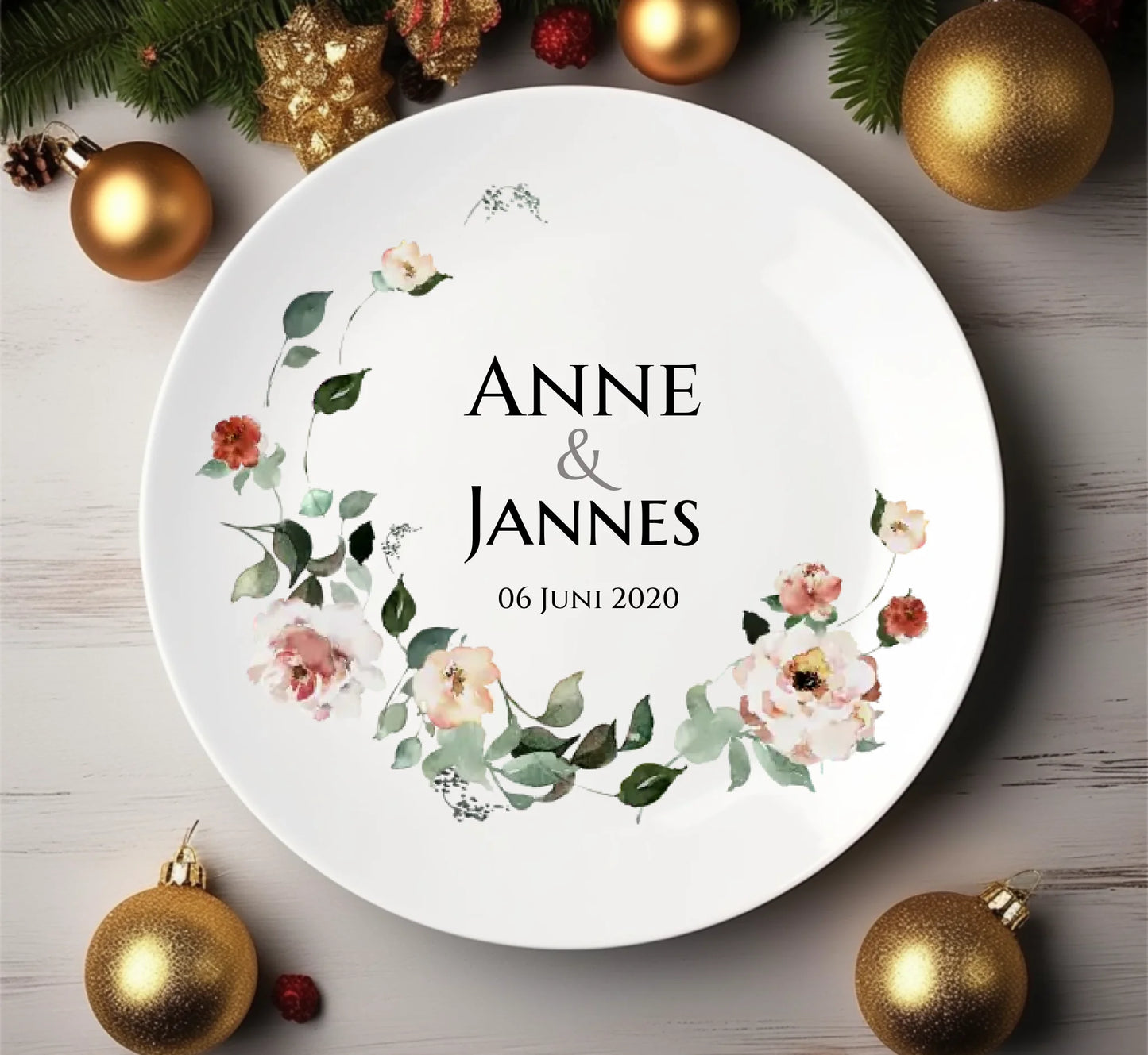 Personalisierter Hochzeitsteller Blumenkranz mit Namen & Datum, Geschenk zur Hochzeit, Geschenk Brautpaar, ideal als Gästeteller