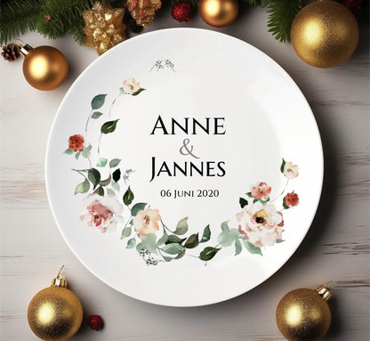 Personalisierter Hochzeitsteller Blumenkranz mit Namen & Datum, Geschenk zur Hochzeit, Geschenk Brautpaar, ideal als Gästeteller