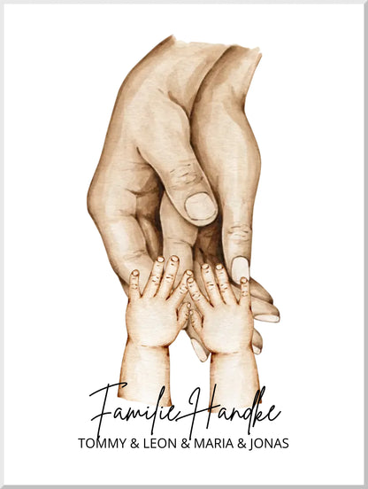 Personalisiertes Geburtsgeschenk Zwillinge | Familiengeschenk Familienposter | Geschenk Geburt mit Hände Motiv | Namen