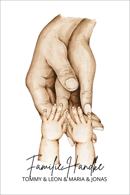 Personalisiertes Geburtsgeschenk Zwillinge | Familiengeschenk Familienposter | Geschenk Geburt mit Hände Motiv | Namen