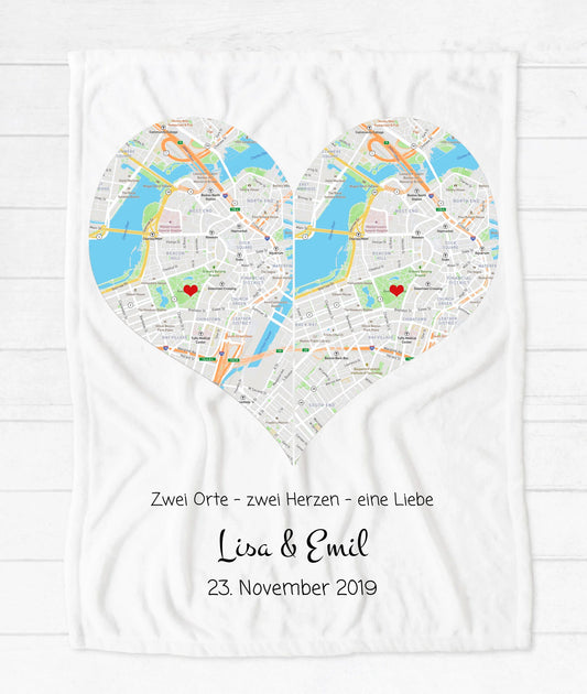 Wo alles begann - Stadtkarte Fleece Decke - 2 Herzen - Hochzeitsgeschenk - Partnergeschenk - Weihnachtsgeschenk