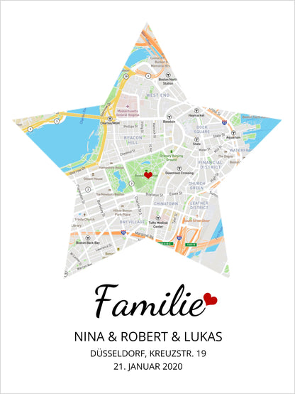Geschenk Familie Poster personalisiert | Stern Stadtkarten Poster | Wohnort Familie | Geschenk Einzug, Hochzeit Hochzeitstag, Jahrestag, Verlobung