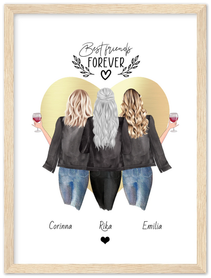 3 Beste Freundinnen Poster gerahmt - True Friends - Personalisiertes Geschenk Freundin Bild - Geburtstagsgeschenk Schwester