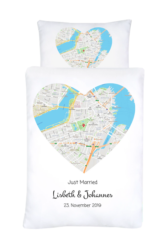 Hochzeitsgeschenk Just Married | Personalisierter Bettbezug Haus Motiv | Geschenk zur Hochzeit, Valentin, Liebe im Koordinaten Stadtkarte Design