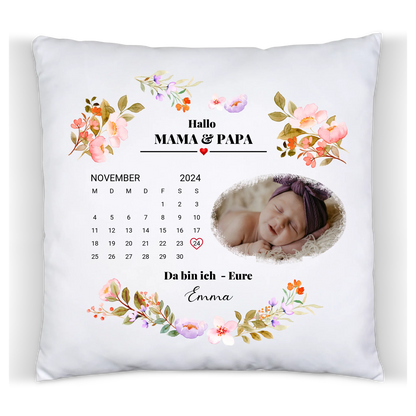 Babykissen - Der Tag, an dem du meine Mama, Papa, Oma, Opa Großeltern wurdest – personalisiertes Baby Deko Kissen mit Foto, Datum und Namen