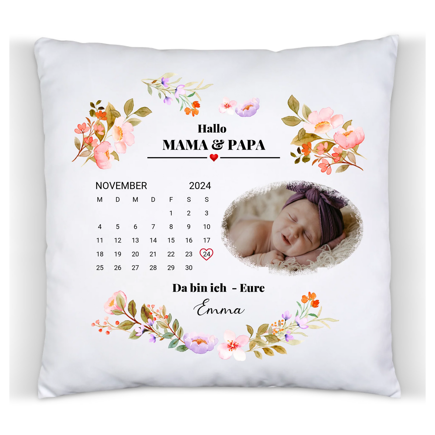 Babykissen - Der Tag, an dem du meine Mama, Papa, Oma, Opa Großeltern wurdest – personalisiertes Baby Deko Kissen mit Foto, Datum und Namen
