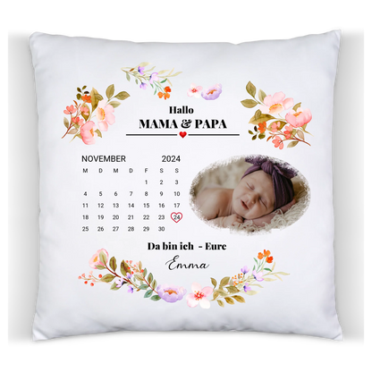 Babykissen - Der Tag, an dem du meine Mama, Papa, Oma, Opa Großeltern wurdest – personalisiertes Baby Deko Kissen mit Foto, Datum und Namen