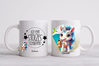 Schulkind 2024 | Einschulung Geschenk Tasse Becher Kissen Einhorn Mädchen personalisiert | Einschulungsgeschenk | Schulbeginn 1. Klasse