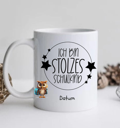 Schulkind 2024 | Einschulung Geschenk Kinder Tasse Becher Kissen Eule personalisiert | Einschulungsgeschenk | Schulbeginn 1. Klasse