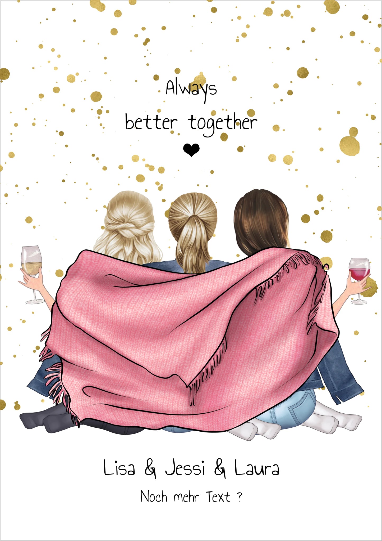 Personalisierte Geschenkidee: Drei Freundinnen mit Wein, gemeinsam unter rosa Decke, goldene Akzente