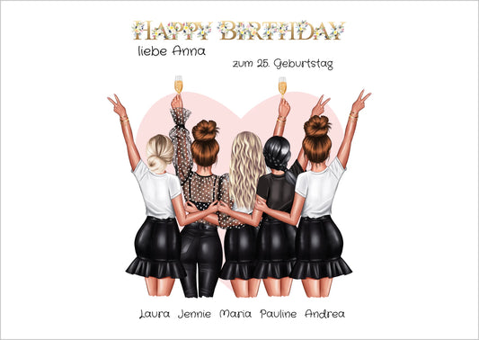 Personalisiertes Geburtstag Poster Geschenk beste Freundin   | 5 Freundinnen Bild Geschenk | Glückwunsch Geschenk beste Freundin