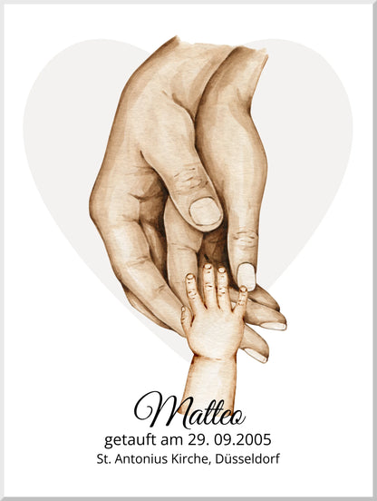 Taufgeschenk mit Namen und Datum | Personalisiertes Babygeschenk | Geschenk zur Taufe | Familiengeschenk Hände Motiv