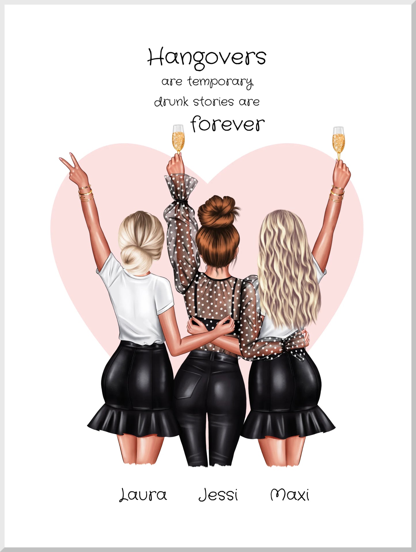 Personalisierte Freundinnen-Illustration, drei Frauen feiern vor rosa Herz, Geschenkidee