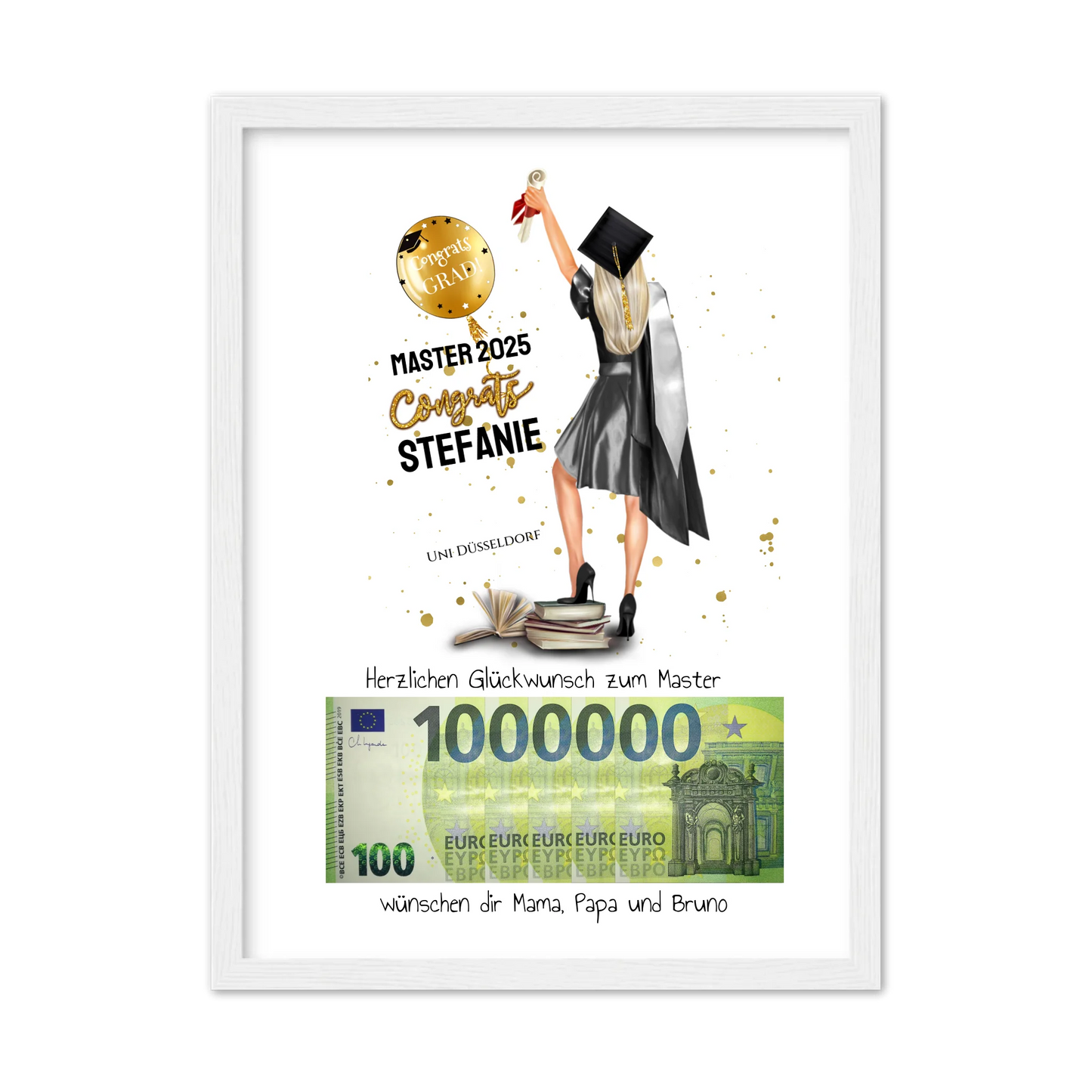 Geldgeschenk Wunscherfüller - Personalisiertes Abschlußgeschenk zum Abi, Bachelor, Master, Doktor - Frauen