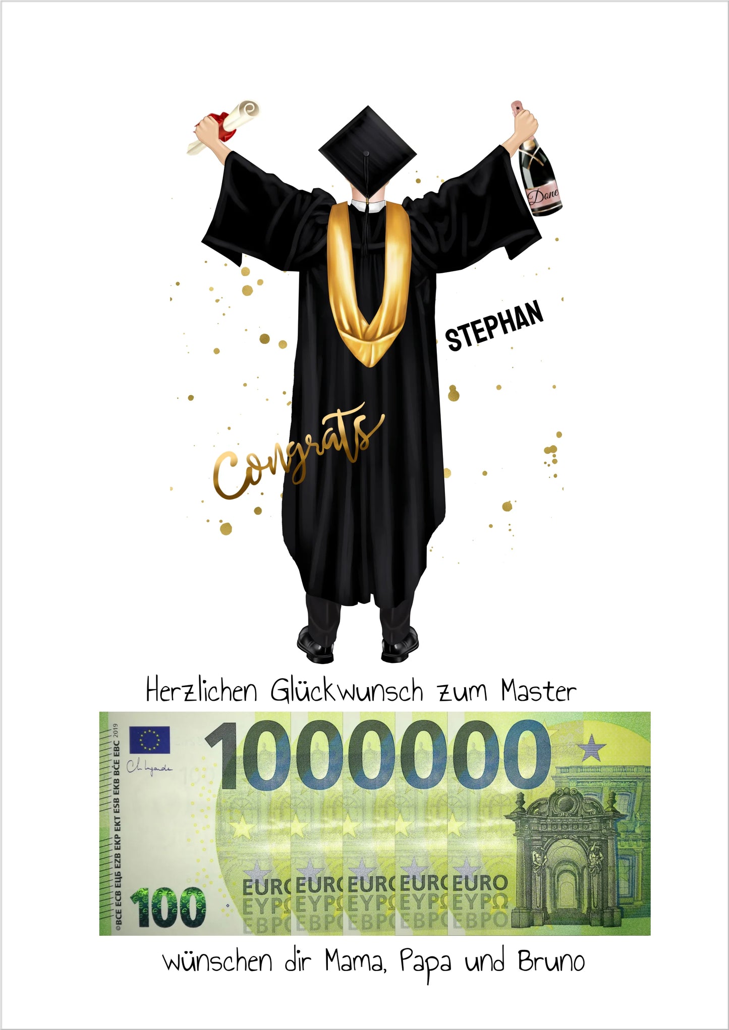 Geldgeschenk Wunscherfüller - Personalisiertes Abschlußgeschenk zum Abi, Bachelor, Master, Doktor Mann - 1. Million