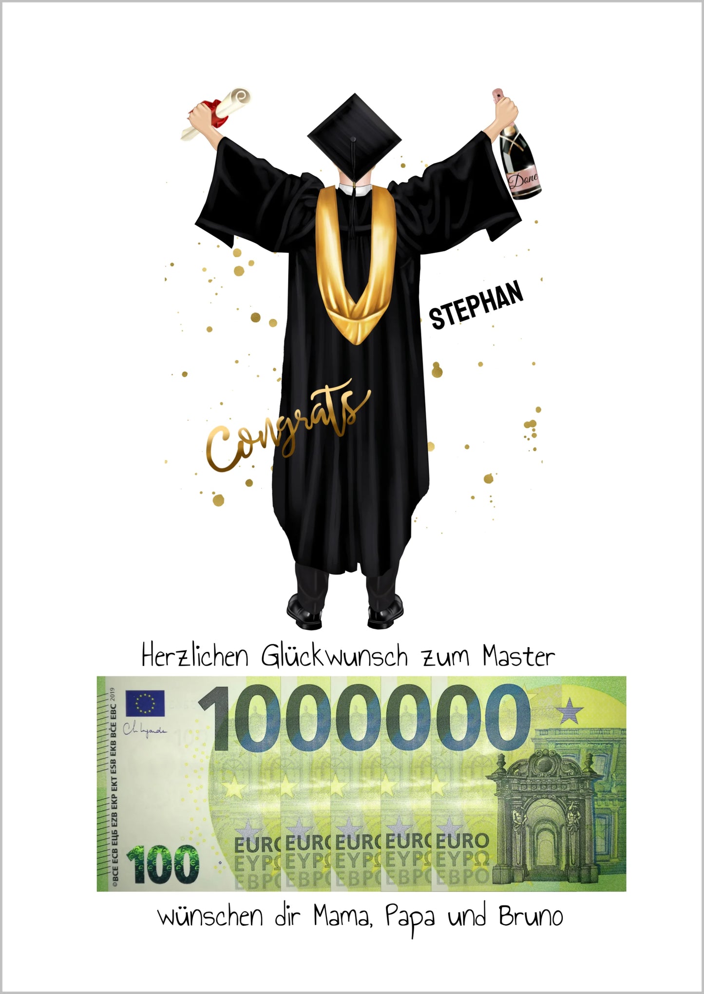 Geldgeschenk Wunscherfüller - Personalisiertes Abschlußgeschenk zum Abi, Bachelor, Master, Doktor Mann - 1. Million