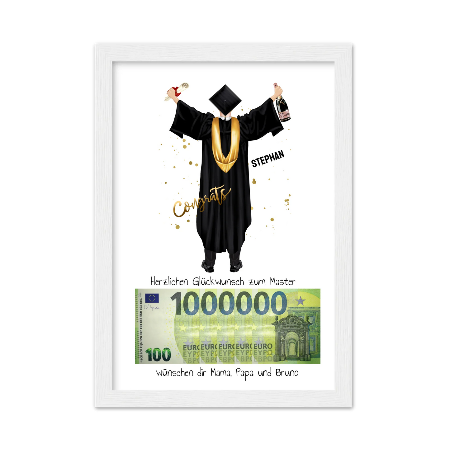 Geldgeschenk Wunscherfüller - Personalisiertes Abschlußgeschenk zum Abi, Bachelor, Master, Doktor Mann - 1. Million