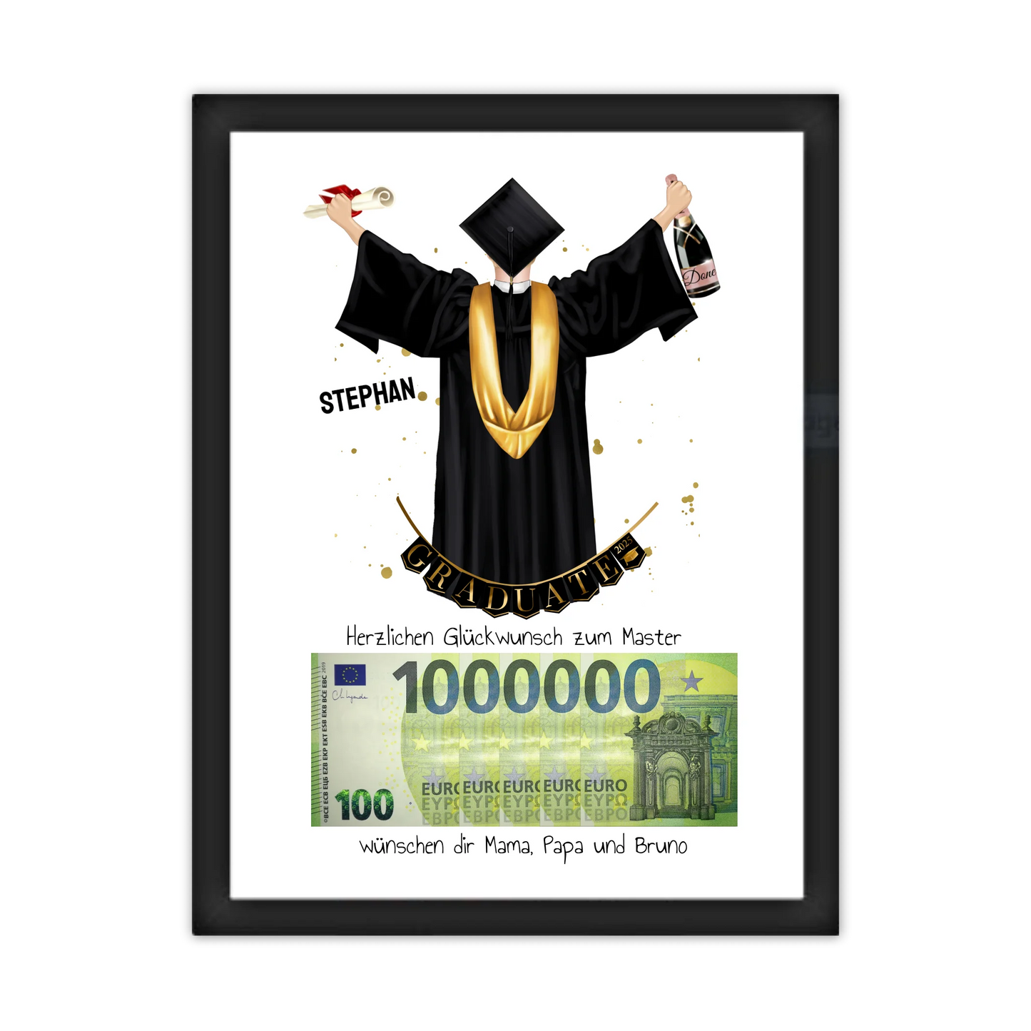 Geldgeschenk Wunscherfüller - Personalisiertes Abschlußgeschenk zum Abi, Bachelor, Master, Doktor Mann - 1. Million für Mann