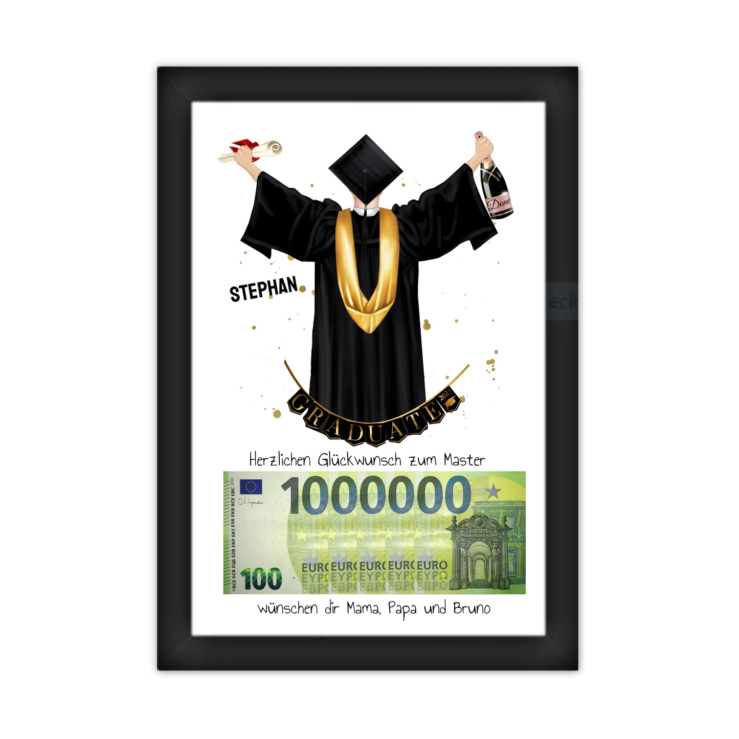 Geldgeschenk Wunscherfüller - Personalisiertes Abschlußgeschenk zum Abi, Bachelor, Master, Doktor Mann - 1. Million für Mann