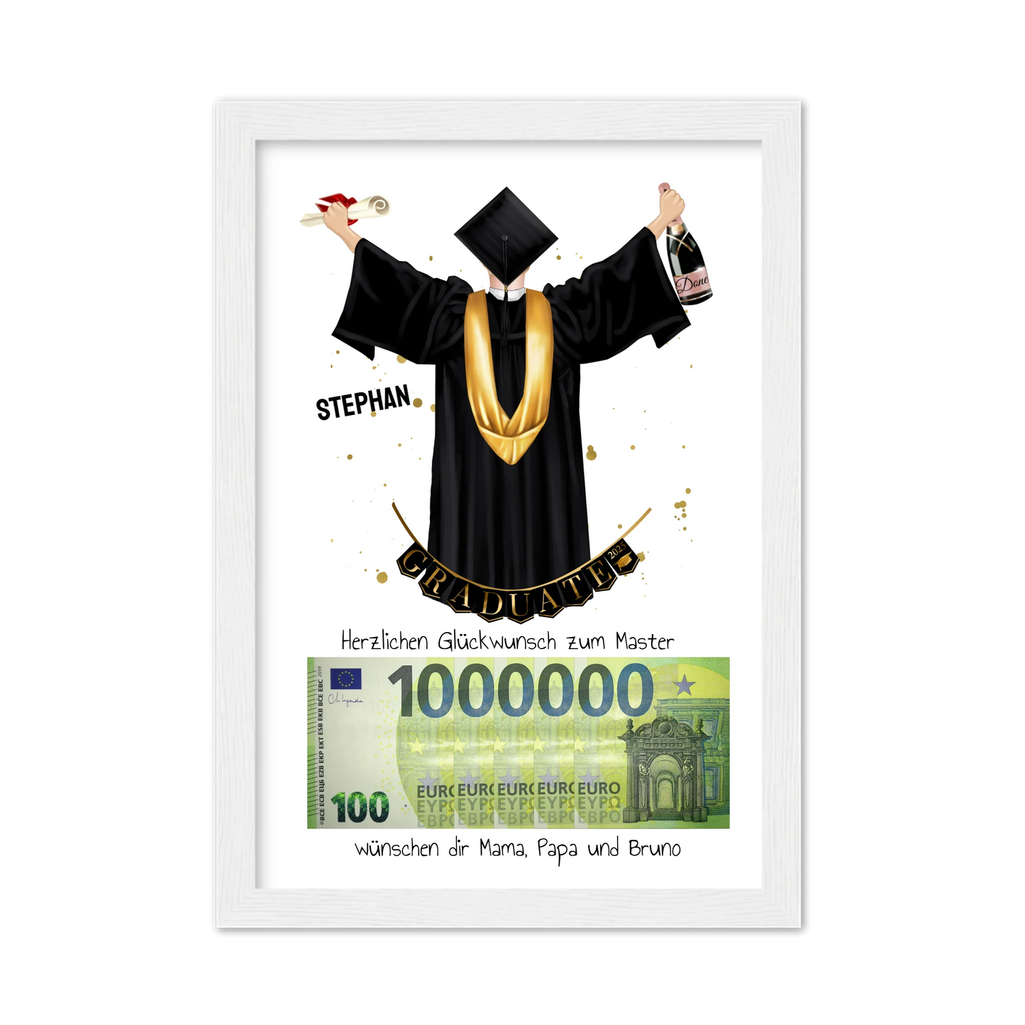 Geldgeschenk Wunscherfüller - Personalisiertes Abschlußgeschenk zum Abi, Bachelor, Master, Doktor Mann - 1. Million für Mann