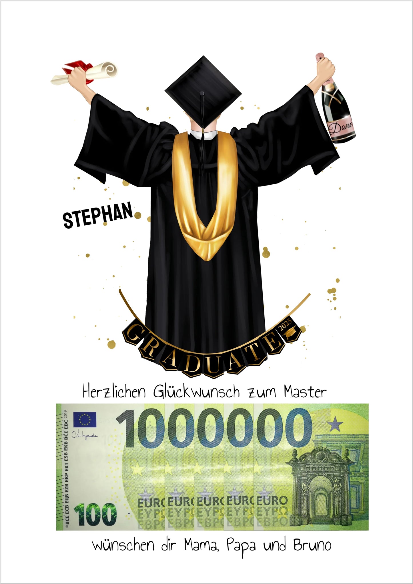 Geldgeschenk Wunscherfüller - Personalisiertes Abschlußgeschenk zum Abi, Bachelor, Master, Doktor Mann - 1. Million für Mann