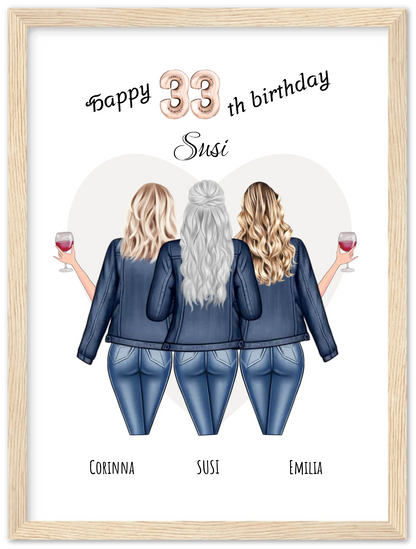 3 Beste Freundinnen Poster gerahmt - Beste Freundin Bild Geschenk Geburtstag - Geburtstagsgeschenk - Ostergeschenk - Geschenk Schwester