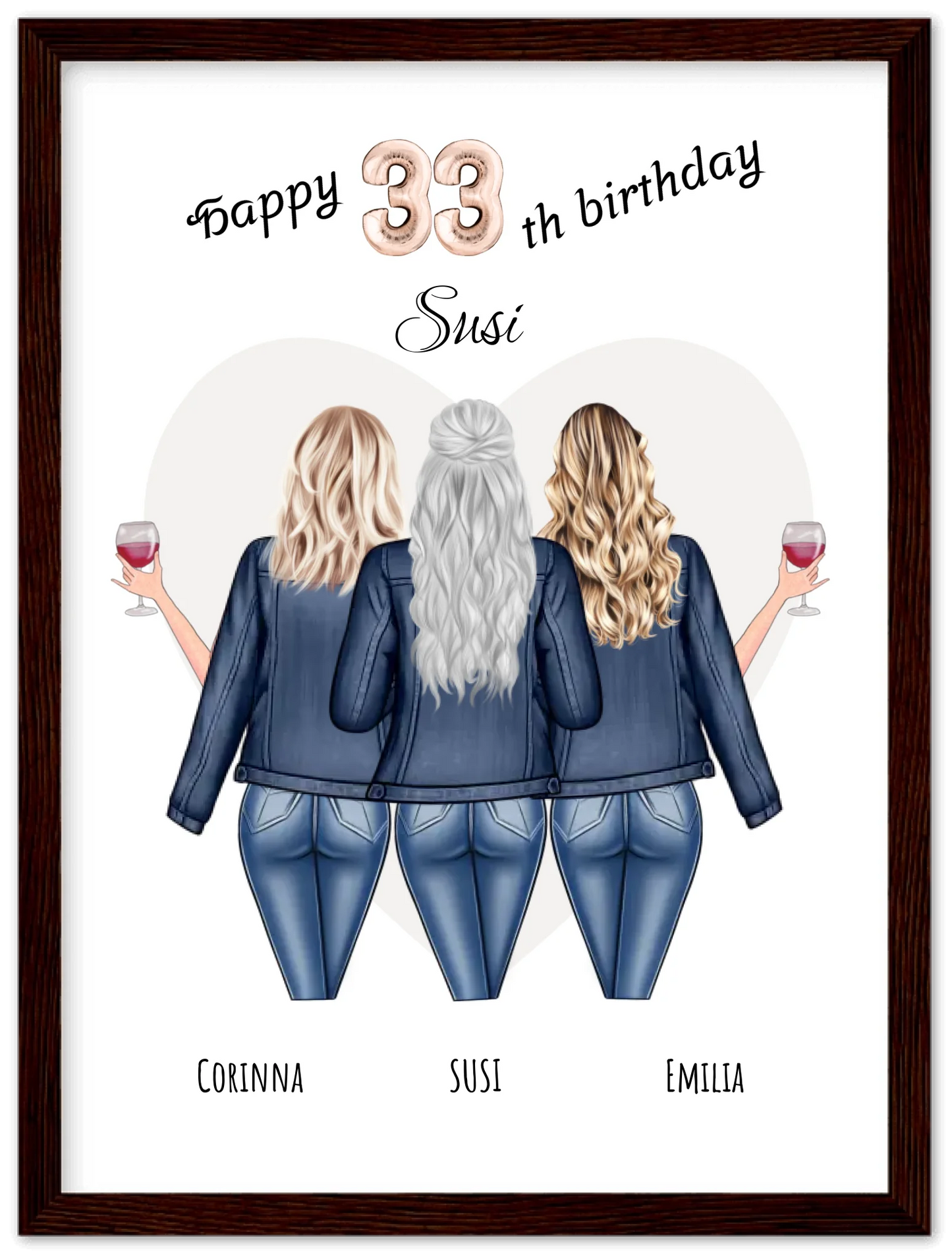 3 Beste Freundinnen Poster gerahmt - Beste Freundin Bild Geschenk Geburtstag - Geburtstagsgeschenk - Ostergeschenk - Geschenk Schwester