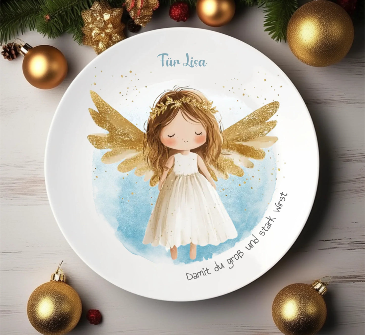 Personalisierter Weihnachtsteller / Nikolausteller mit Schutzengel & Namen, Geschenk für Kinder Mädchen 2