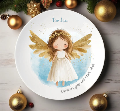 Personalisierter Weihnachtsteller / Nikolausteller mit Schutzengel & Namen, Geschenk für Kinder Mädchen 2