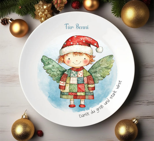 Personalisierter Weihnachtsteller / Nikolausteller mit Schutzengel & Namen, Geschenk für Kinder