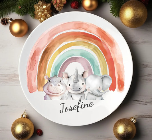 Kinderteller Regenbogen mit Namen & Safari-Dschungeltieren personalisiert, Kindergeschirr Geschenk zur Taufe, Geburt, Geburtstag und Weihnachten