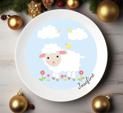 Kinderteller Schäfchen mit Namen personalisiert, Kindergeschirr Geschenk zur Taufe, Geburt, Geburtstag und Weihnachten
