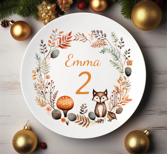 Personalisierter Kinderteller Kranz mit Fuchs Kindergeschirr Teller 1. Geburtstag, Geburtstagsgeschenk, Geschenk Einschulung