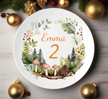 Personalisierter Kinderteller mit Namen, Pflanzen und Waldpilzen Kindergeschirr Teller 1. Geburtstag, Geburtstagsgeschenk, Geschenk Einschulung
