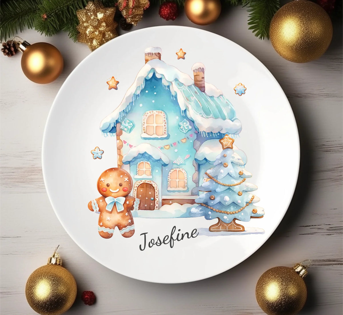Kinderteller Lebkuchenhaus - Weihnachtsteller mit Namen personalisiert, Kindergeschirr blau