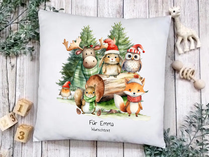 Nikolausgeschenk, Weihnachtsgeschenk kuscheliges Kissen Geschenk mit Waldtieren für Mädchen & Junge mit Namen und Wunschtext personalisierbar